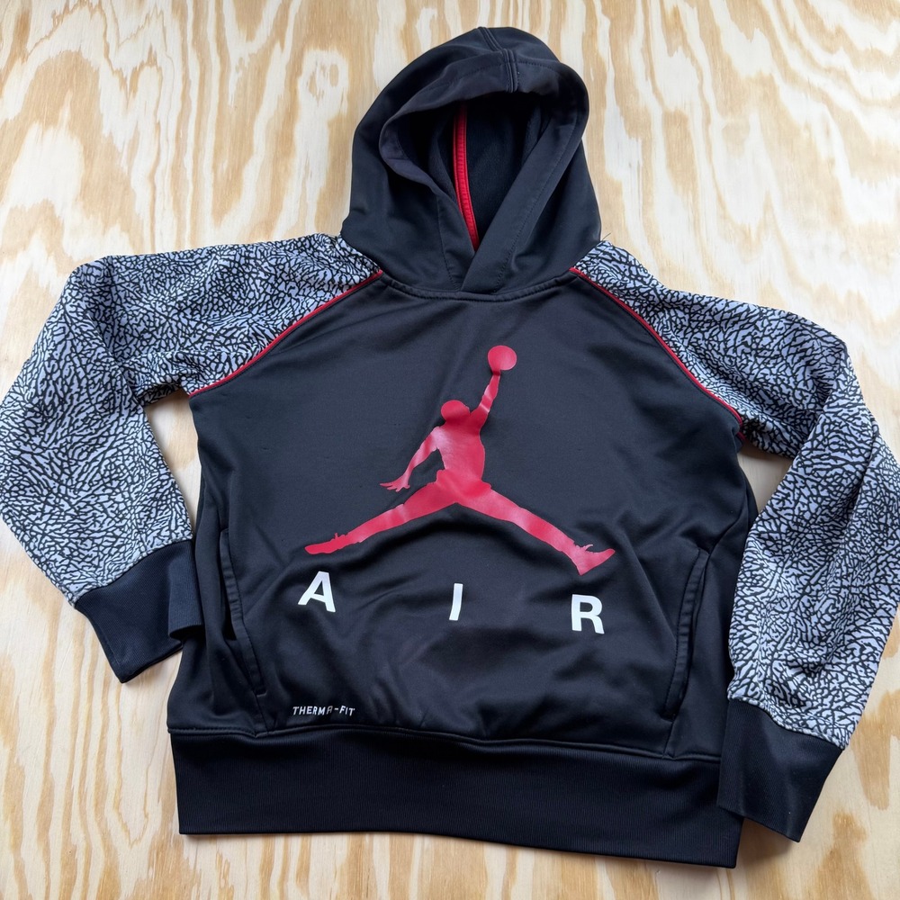 Jordan Kids Jumpman Air Therma-FIT Elephant Print Hoodie Black Red Size S 8-10